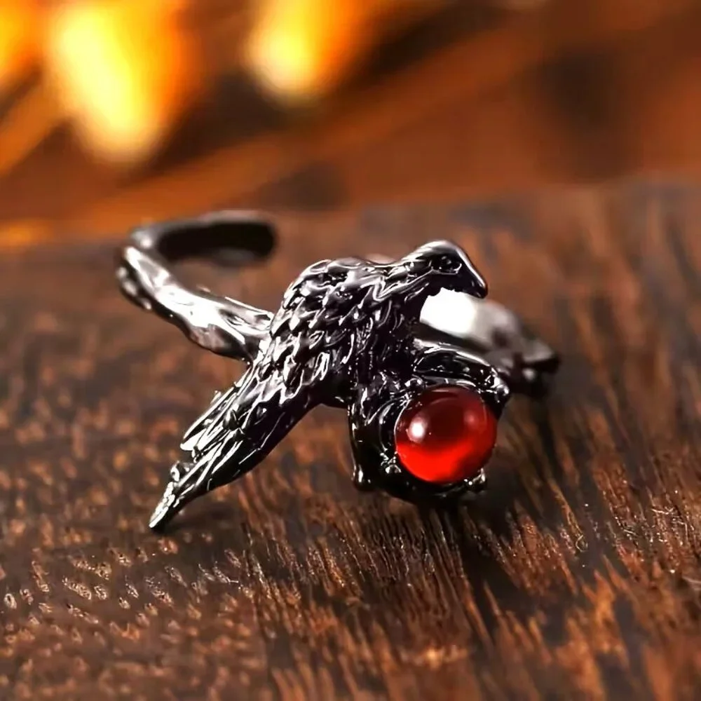 Ring Black Raven Crow Wrap Red Crystal Stone Bird Viking Vamp Goth Trendy Edgy